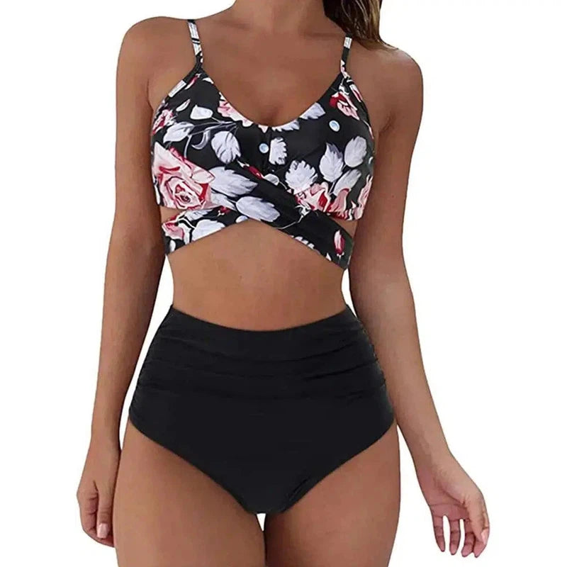 Women Soild Print Bikini Set Push Up Bathing Swimwear-Blackwhiteflower-2