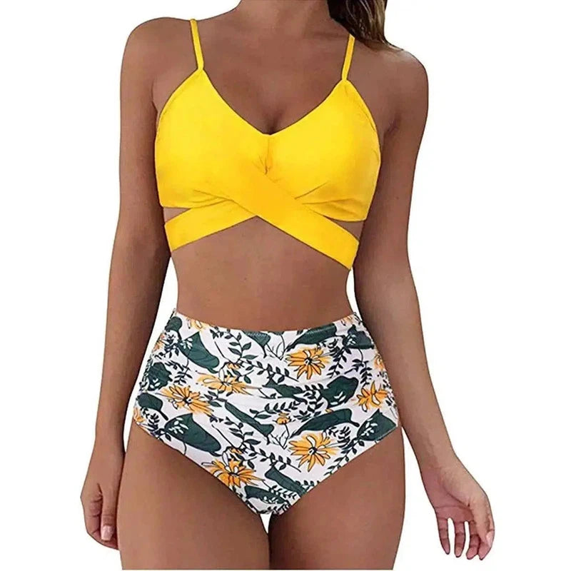 Women Soild Print Bikini Set Push Up Bathing Swimwear-Yellow-4