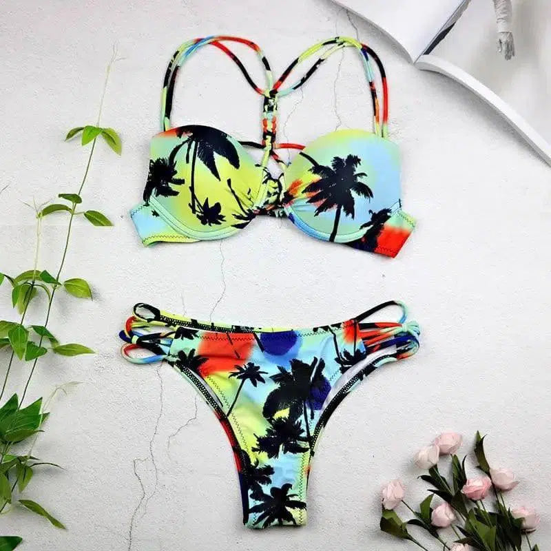 Women Sexy Swimwear Leaf Print Bikini Halter Swimsuit-S-5