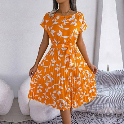 Women Spring Summer Short Sleeve High Waist Chic Dress-Yellow-10