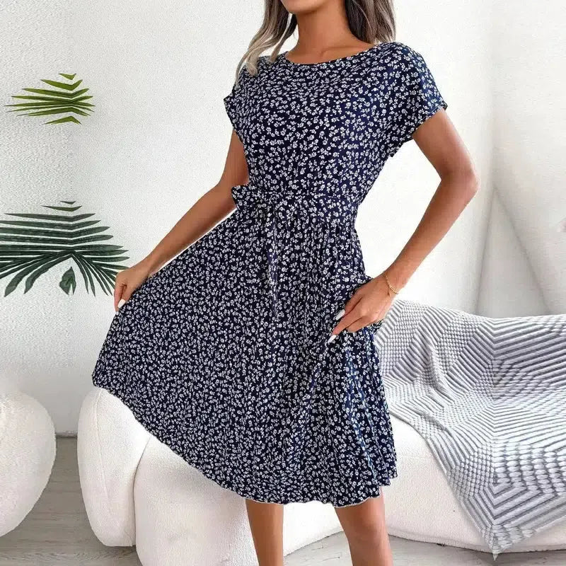 Women Spring Summer Short Sleeve High Waist Chic Dress-Dark blue-6