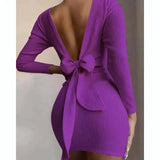 Women's Drawstring Ruffled Long Sleeve Dress-Purple-3