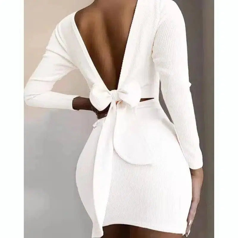 Women's Drawstring Ruffled Long Sleeve Dress-White-2