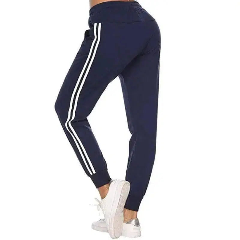 Women's White-Trimmed Two-Bar Sports Leggings-Navy-4