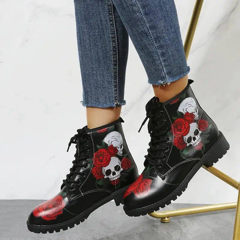 Workwear Boots Large Print Women's High Top Halloween-Red rose909-4