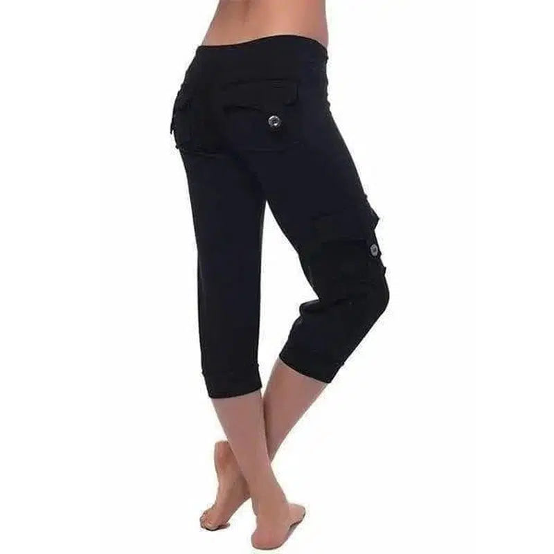 Yoga cropped pants with elastic waist button pockets-Black-4