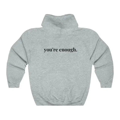 You're Enough Printed Back Casual Hooded Pocket Sweater-Grey black lettering-8