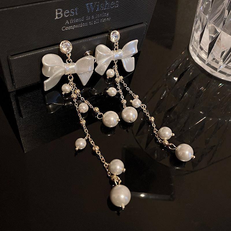 Zircon Pearl Bowknot Tassel Earrings Super Fairy Lady-6