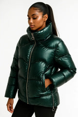 Dark green puffer jacket for women – shiny quilted winter coat with zipper