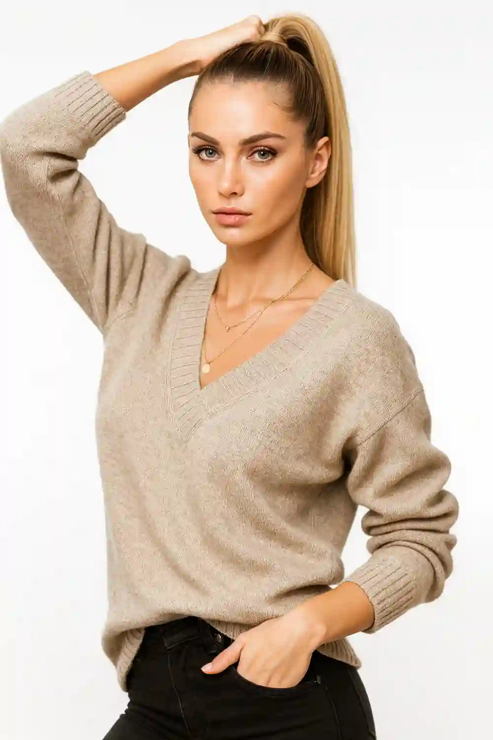 Beige V-neck knit sweater for women — soft texture, minimalist fall fashion