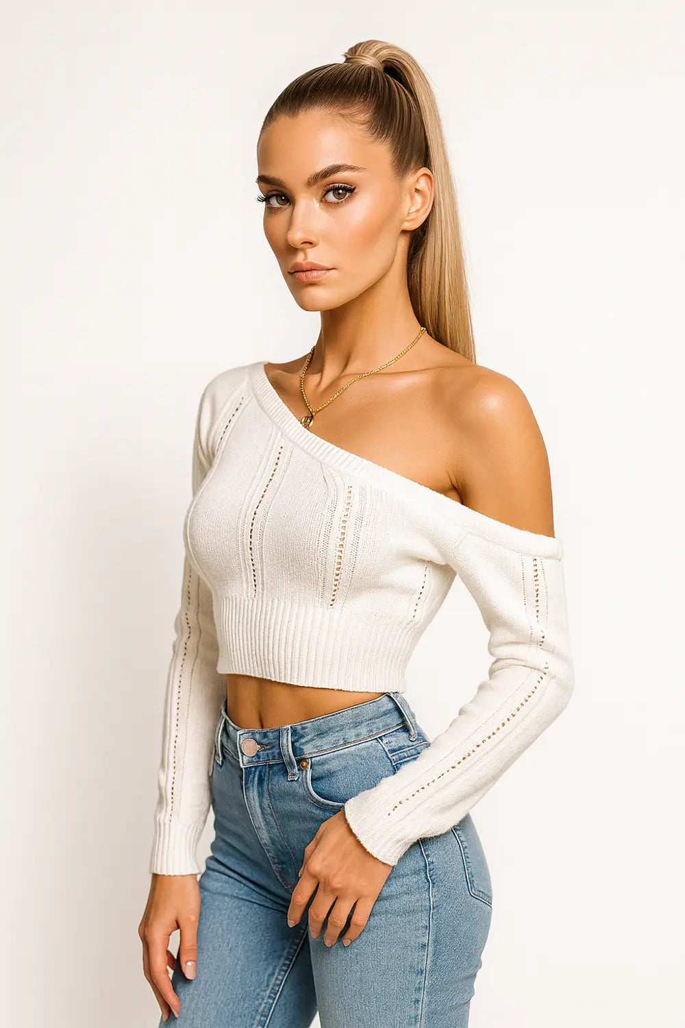 Women’s off-shoulder knit sweater  – trendy cropped fit for fall outfits