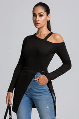 Women's black ribbed long sleeve cutout top with asymmetric shoulder design