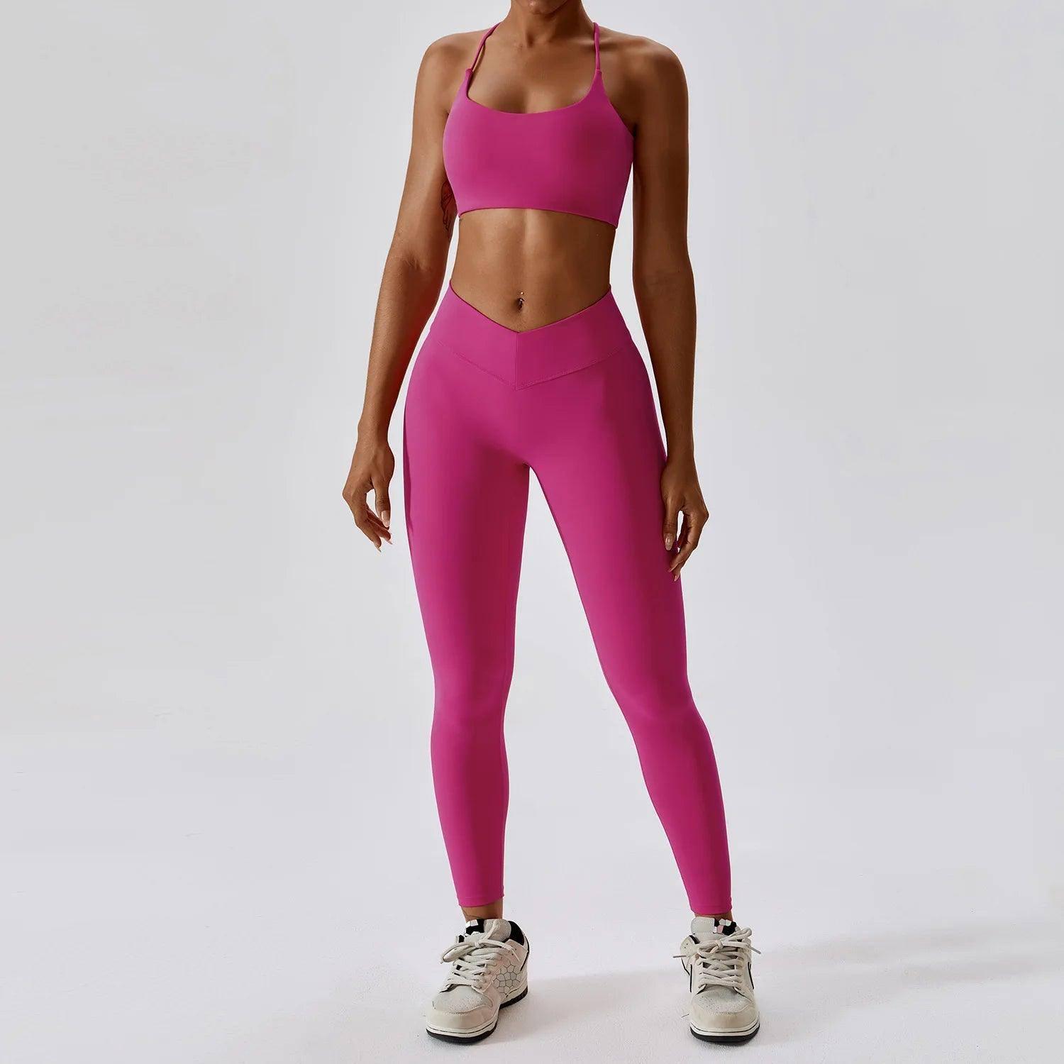 Women Yoga Clothing Sets Athletic Wear High Waist Leggings-Magenta -2-1